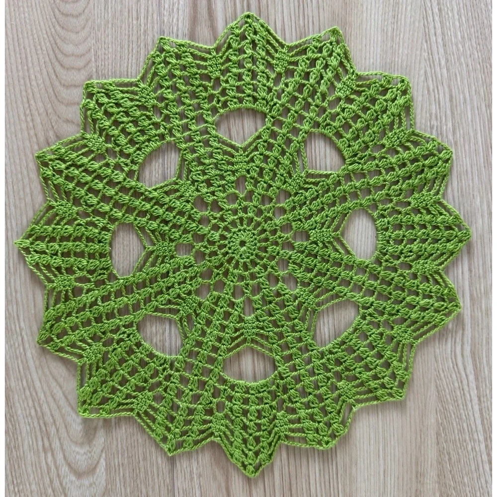 Handmade Green Crochet Doily 11 in Christmas Starburst Mercerized Cotton Table